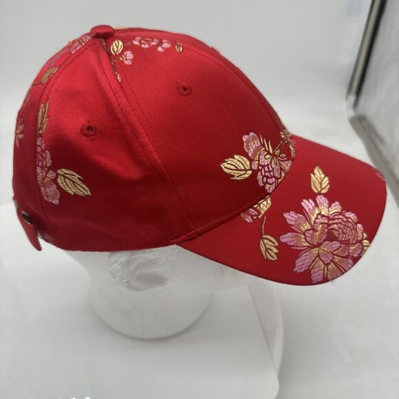 Vintage Asian Oriental Hat Unisex Adult Chinese Floral Red Adjustable Strap Cap - Picture 5 of 9